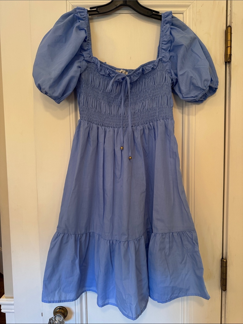 Vine & Love Maternity Light Blue Puff-Sleeve Smocked Mini Dress